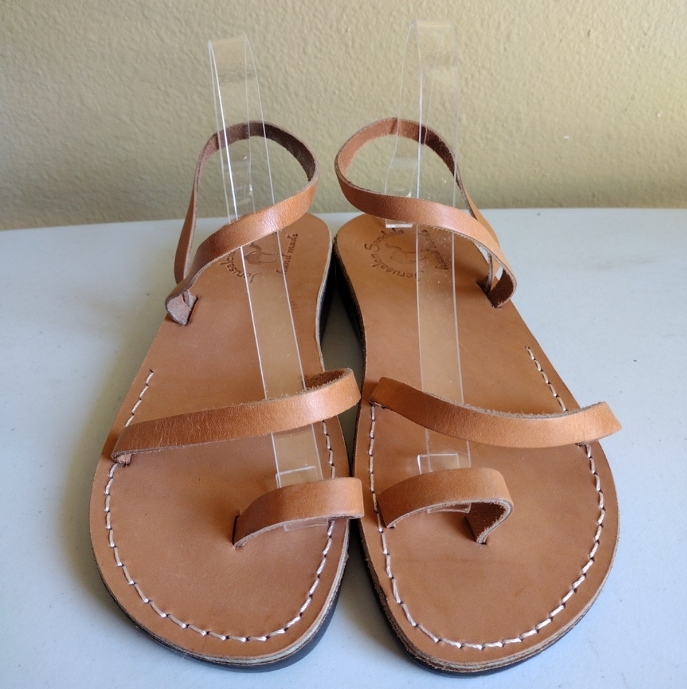 Jerusalem Hand Made Tan Ella Leather Ankle Strap Flat Sandals Women's  40 (9.5)